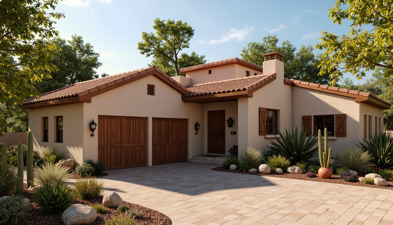 Prompt: Southwestern family garage, warm earthy tones, rustic wood accents, stucco exterior walls, Spanish-style roof tiles, curved clay shingles, terracotta pot decor, lush greenery, vibrant cacti, sunny day, soft warm lighting, shallow depth of field, 3/4 composition, panoramic view, realistic textures, ambient occlusion.