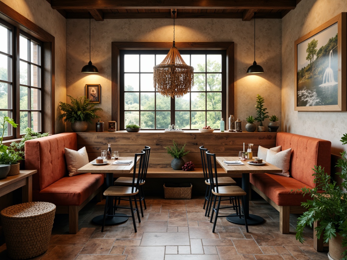 Prompt: Cozy rustic breakfast nook, reclaimed wood benches, plush velvet cushions, natural stone flooring, earthy color palette, vintage metal chairs, wooden tables with live edges, woven wicker baskets, potted greenery, soft warm lighting, rustic metal lanterns, nature-inspired artwork, distressed wood accents, comfortable oversized pillows, farmhouse-style decor, inviting atmosphere, 3/4 composition, shallow depth of field, realistic textures.