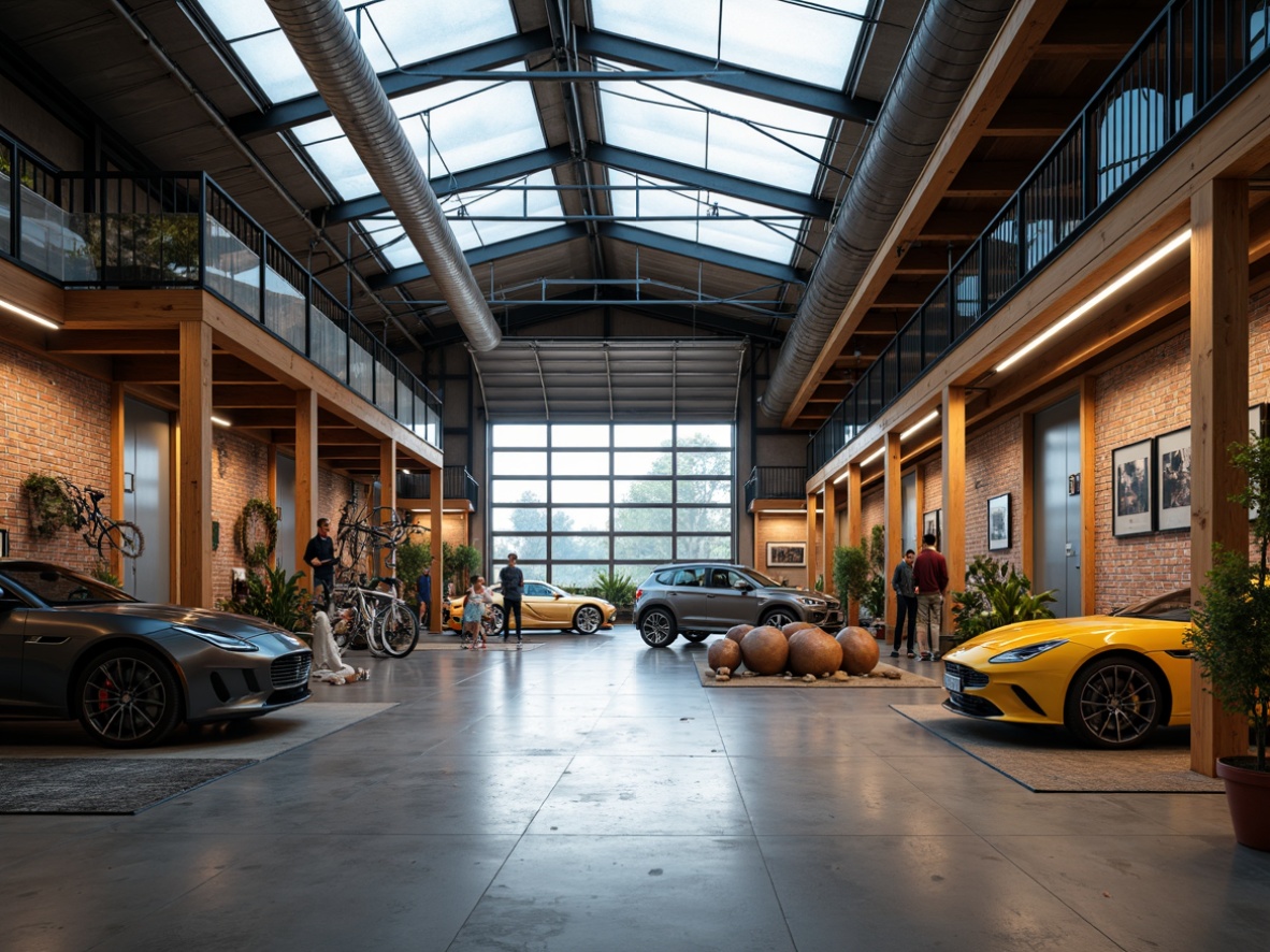 Prompt: Well-lit garage interior, clerestory windows, skylights, translucent roofing, polished concrete floors, industrial chic decor, exposed ductwork, metal beams, rustic wooden accents, vintage car displays, suspended bicycles, modern LED lighting, indirect ambient illumination, soft warm glow, 1/1 composition, symmetrical framing, shallow depth of field, realistic textures.