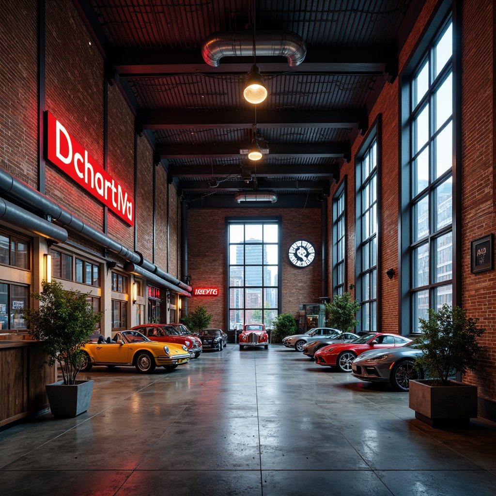 Prompt: Industrial-chic garage, exposed brick walls, metallic accents, polished concrete floors, rustic wood tones, deep blues, rich reds, warm neutrals, vintage car displays, neon signage, urban cityscape views, dramatic high ceilings, overhead lighting, 3/4 composition, bold graphic patterns, distressed textures, ambient occlusion.