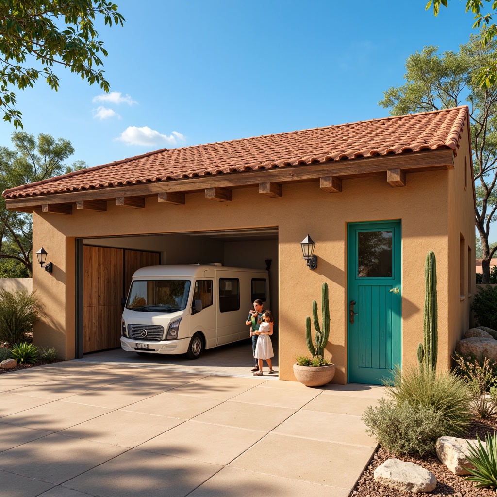 Prompt: Southwestern family garage, terracotta roof tiles, earthy tones, rustic wooden accents, stucco exterior walls, Spanish-inspired architecture, warm beige concrete floors, decorative metalwork, ornate door handles, vibrant turquoise accents, desert landscape, cacti plants, clear blue sky, warm sunny day, shallow depth of field, 3/4 composition, realistic textures, ambient occlusion.