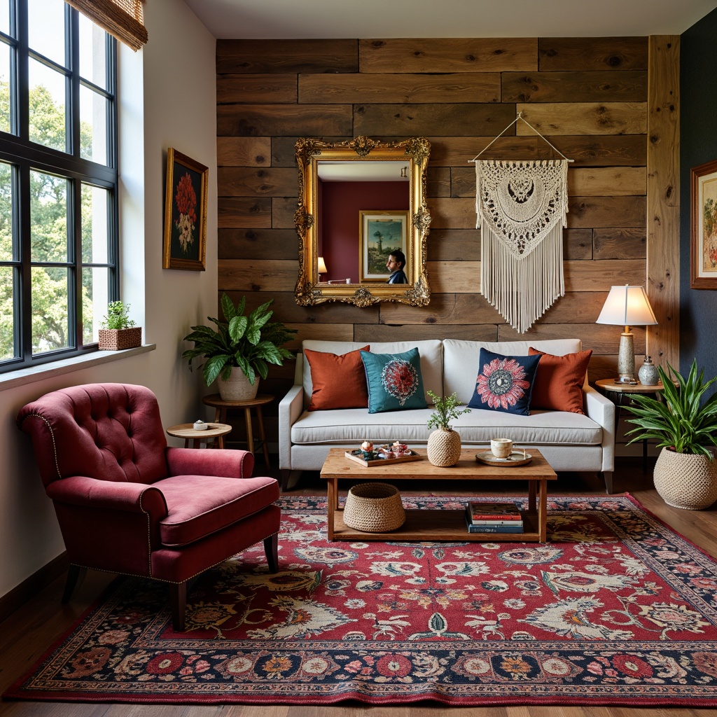 Prompt: Richly patterned rug, eclectic furniture mix, vintage velvet armchair, distressed wood coffee table, industrial metal lamp, macrame wall hanging, natural fiber woven basket, reclaimed wood accent wall, bold colorful artwork, ornate gold frame mirror, plush throw pillows, Moroccan-inspired tiles, warm cozy atmosphere, softbox lighting, shallow depth of field, 1/1 composition, realistic textures, ambient occlusion.