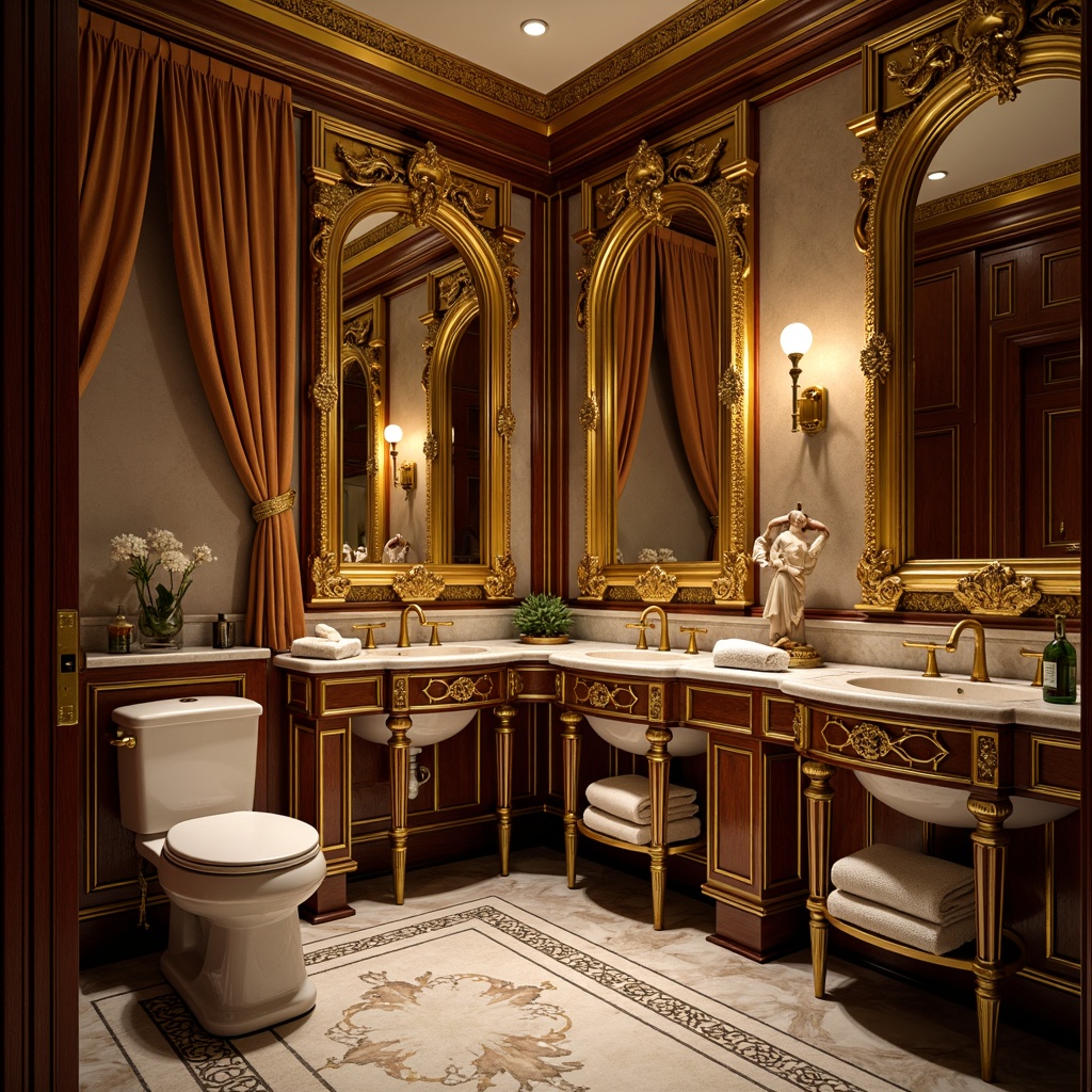 Prompt: Opulent powder room, lavish golden accents, intricately carved wooden paneling, ornate mirrors, velvet drapes, luxurious marble countertops, gilded furnishings, Rococo-inspired patterns, soft warm lighting, subtle depth of field, 1/2 composition, intimate atmosphere, realistic textures, ambient occlusion.