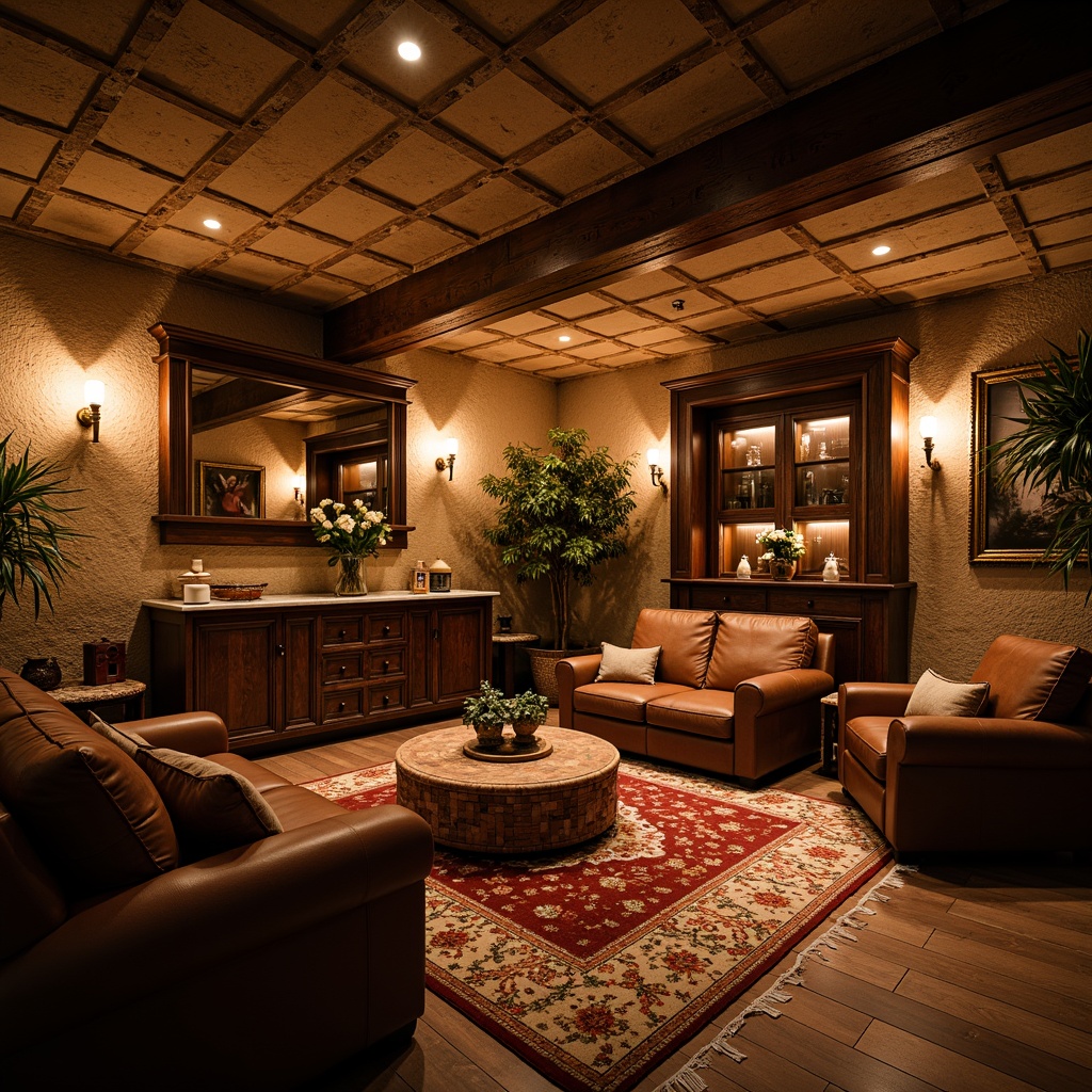 Prompt: Cozy basement, warm earthy tones, rustic wooden accents, plush area rugs, comfortable sofas, vintage armchairs, rich leather upholstery, classic lantern lighting, natural stone walls, exposed brick ceilings, ornate wooden cabinets, antique decorative items, soft warm glow, shallow depth of field, 1/1 composition, realistic textures, ambient occlusion.