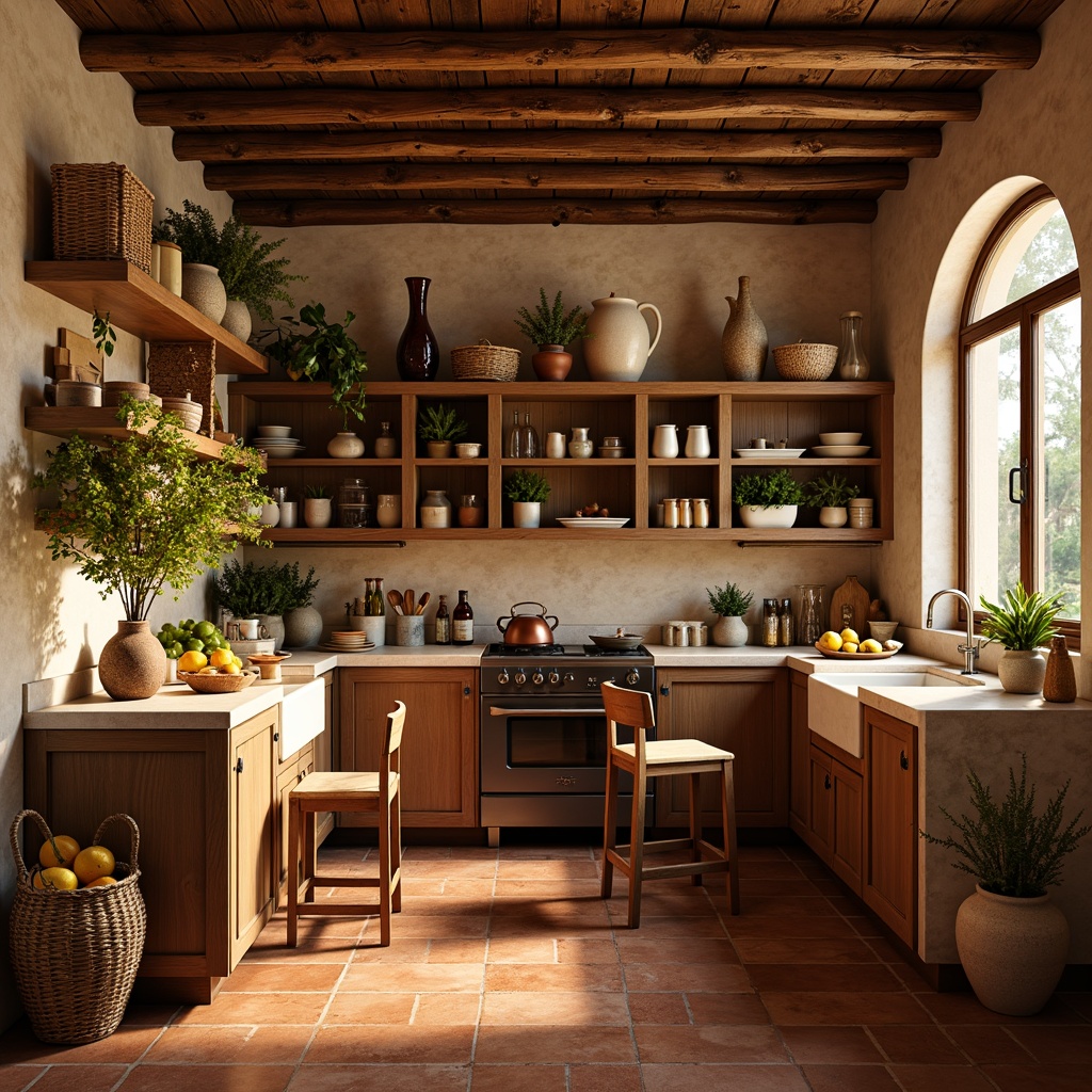 Prompt: Warm Mediterranean pantry, earthy terracotta tiles, rustic wooden shelves, woven wicker baskets, ceramic vases, fresh lemons, olives, artisanal cheeses, fragrant herbs, pungent spices, glass jars, copper accents, natural stone countertops, soft warm lighting, shallow depth of field, 3/4 composition, still life arrangement, realistic textures, ambient occlusion.