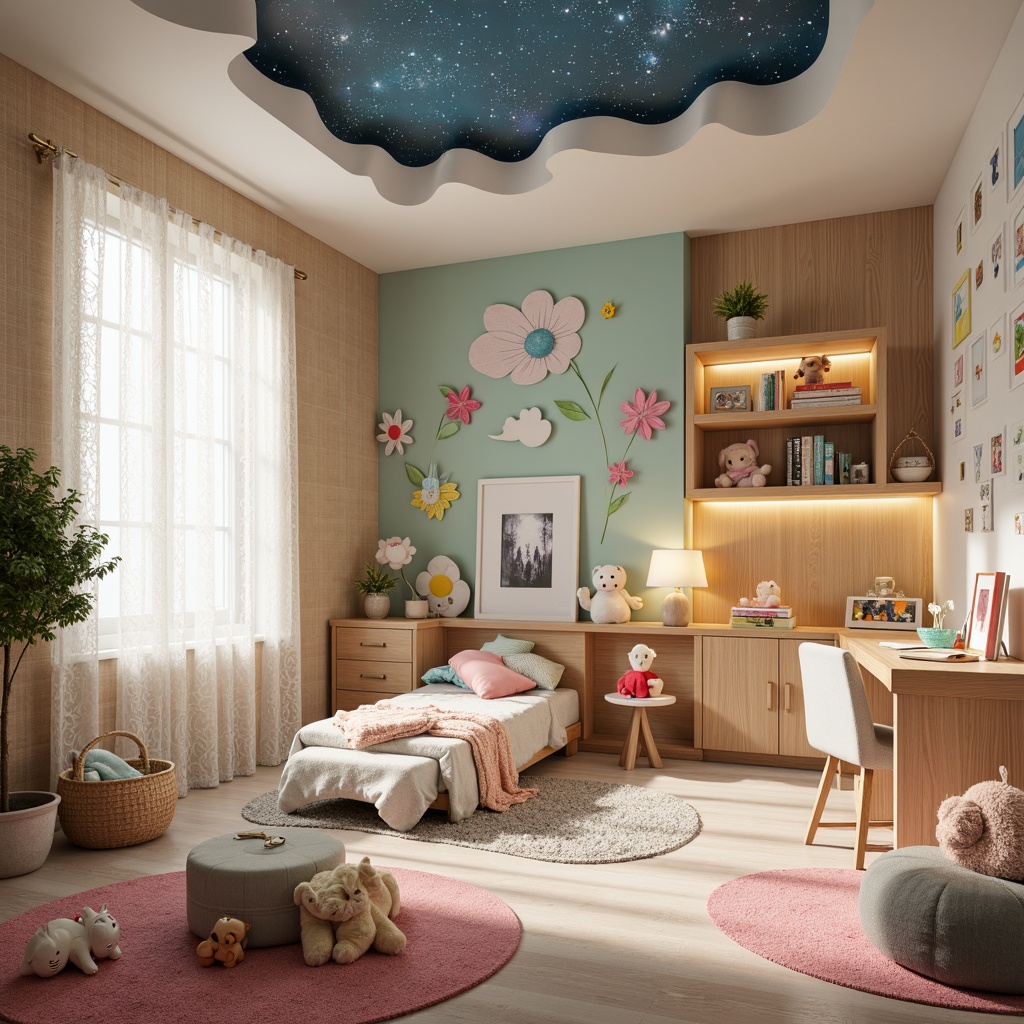 Prompt: Whimsical children's bedroom, fairy-tale inspired furniture, soft pastel colors, delicate lace curtains, plush toys, vibrant wall murals, colorful rug patterns, cozy reading nooks, built-in bookshelves, natural wood accents, fantastical lighting fixtures, starry night sky ceiling design, fluffy area rugs, sweet-themed wall decals, playful polka-dot textiles, sturdy wooden beds, modern minimalist desks, cheerful flower-shaped decorations, warm beige walls, softbox lighting, shallow depth of field, 1/1 composition, realistic textures.