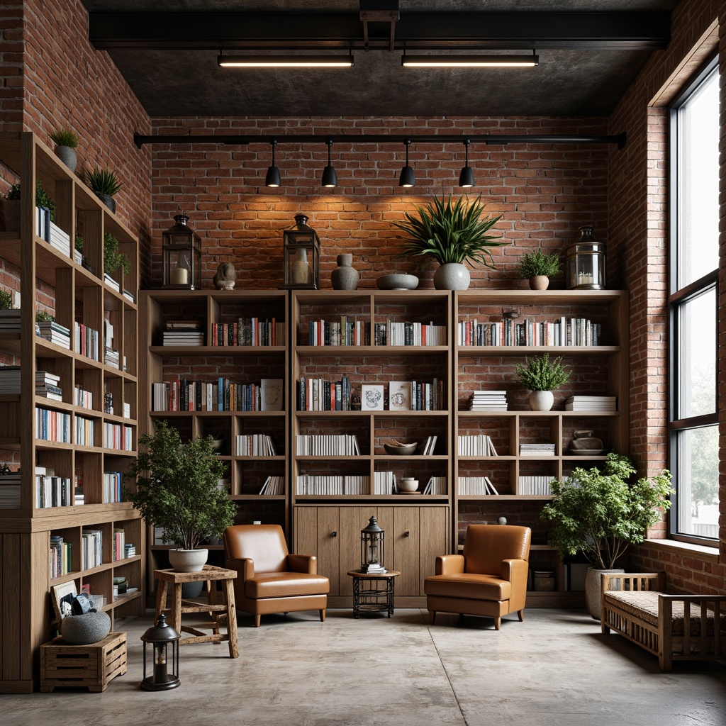 Prompt: Exposed brick walls, reclaimed wood accents, metal shelving units, industrial-style lighting fixtures, wooden crates, vintage bookshelves, eclectic furniture pieces, distressed leather armchairs, rustic wooden tables, ornate metal lanterns, warm neutral color palette, cozy reading nooks, floor-to-ceiling bookcases, ladder bookshelves, metal beam ceilings, concrete floors, urban loft atmosphere, soft natural lighting, shallow depth of field, 1/2 composition, realistic textures, ambient occlusion.