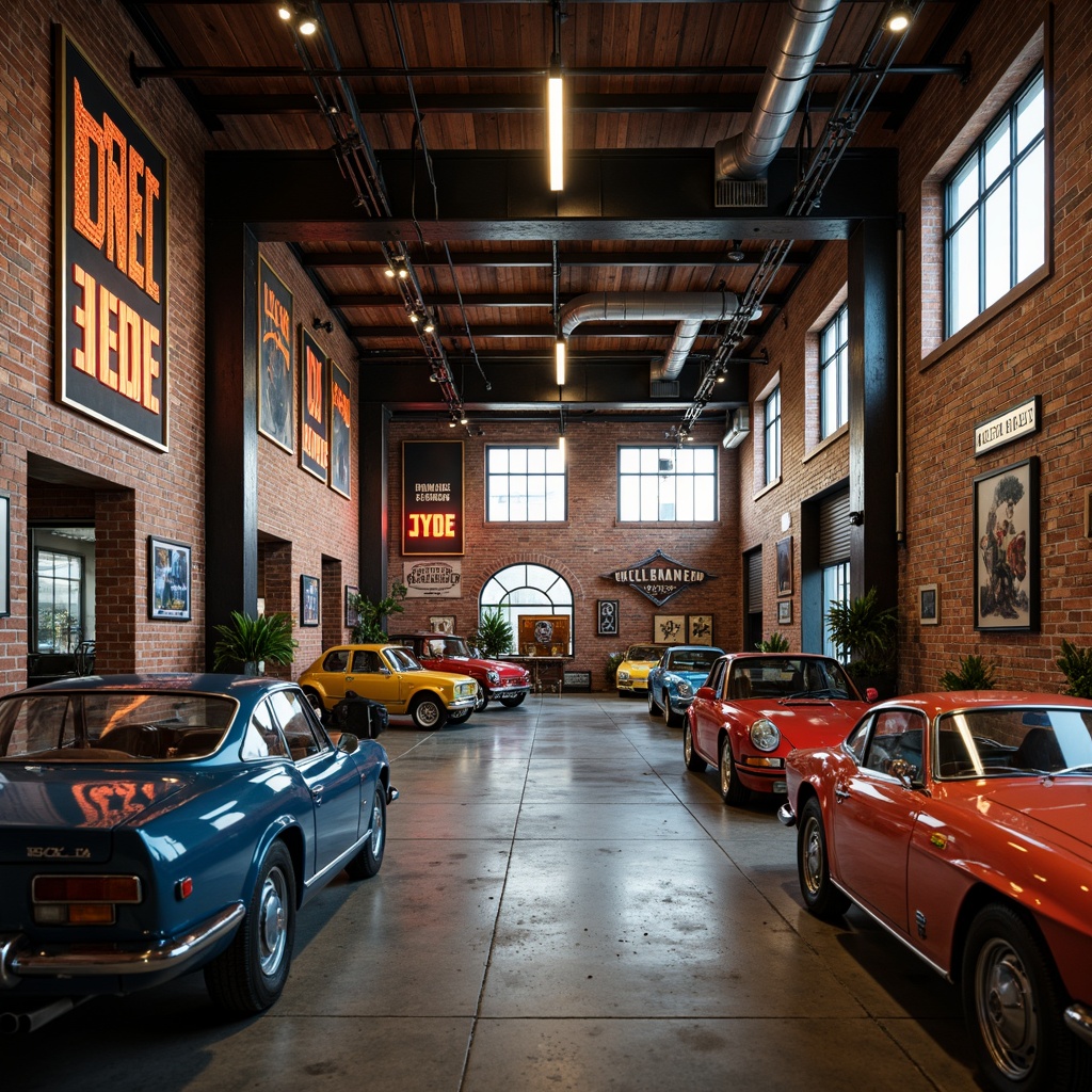 Prompt: Industrial garage interior, exposed brick walls, metallic accents, distressed wood textures, vintage car displays, neon signage, urban loft atmosphere, concrete floors, steel beams, industrial lighting fixtures, warm color tones, earthy brown hues, deep blue shades, rusty orange accents, soft box lighting, 1/2 composition, realistic reflections, ambient occlusion.