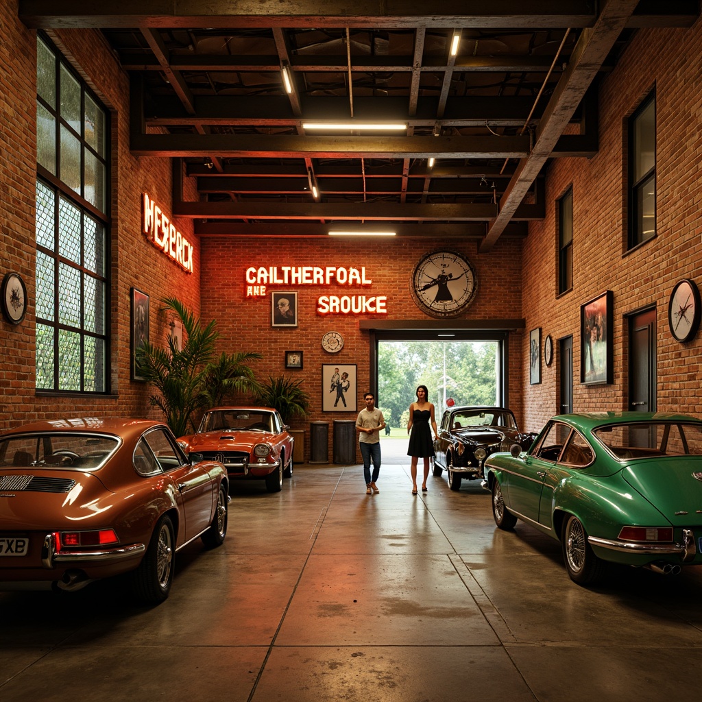 Prompt: Rustic garage, industrial chic, exposed brick walls, metal beams, polished concrete floors, vintage car displays, nostalgic neon signs, warm ambient lighting, rich wood accents, earthy tones, moss green, weathered copper, distressed leather textures, worn denim blues, warm beige, soft golden lighting, shallow depth of field, 2/3 composition, realistic reflections.