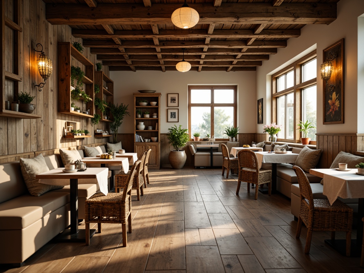 Prompt: Rustic breakfast nook, wooden beam ceiling, distressed wood flooring, vintage pendant lighting, cozy throw blankets, plush cushions, natural linen upholstery, woven wicker chairs, reclaimed wood tables, earthy color palette, warm golden lighting, shallow depth of field, 1/1 composition, soft focus effect, realistic textures, ambient occlusion.