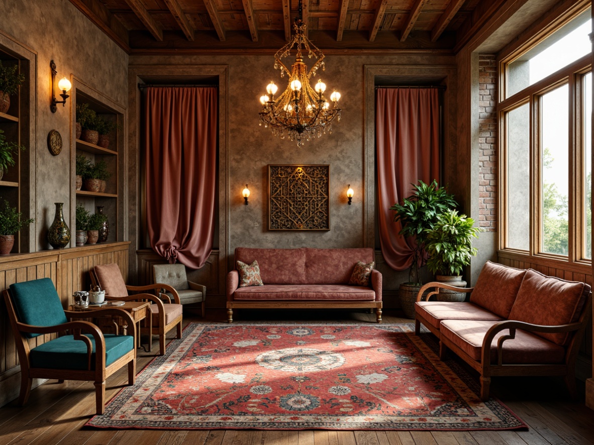 Prompt: Richly patterned rug, distressed wood flooring, eclectic mix of vintage furniture, plush velvet sofas, antique wooden armchairs, ornate metal chandeliers, colorful Moroccan tiles, reclaimed wooden walls, exposed brick accents, decorative metal screens, luxurious silk drapes, warm golden lighting, soft focus blur, shallow depth of field, 2/3 composition, cinematic atmosphere, highly detailed textures, subtle ambient occlusion.