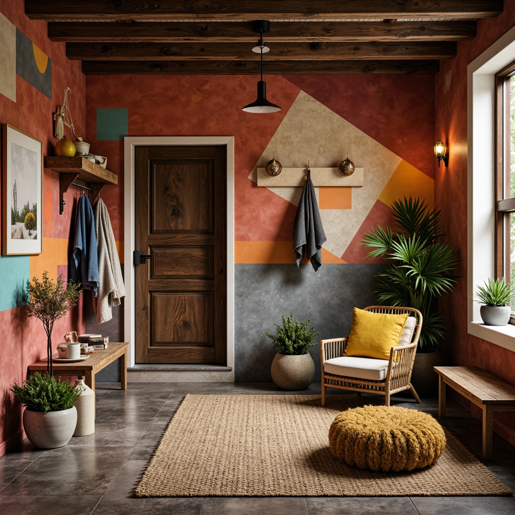 Prompt: Vibrant mudroom, eclectic mix of earthy tones, rich terracotta reds, warm sandy beiges, deep charcoal grays, pops of bright turquoise, distressed wood accents, industrial metal fixtures, abstract geometric patterns, playful splashes of yellow ochre, natural stone flooring, woven wicker furniture, plush throw blankets, whimsical decorative objects, dramatic overhead lighting, 1/1 composition, moody atmospheric rendering, tactile textures.