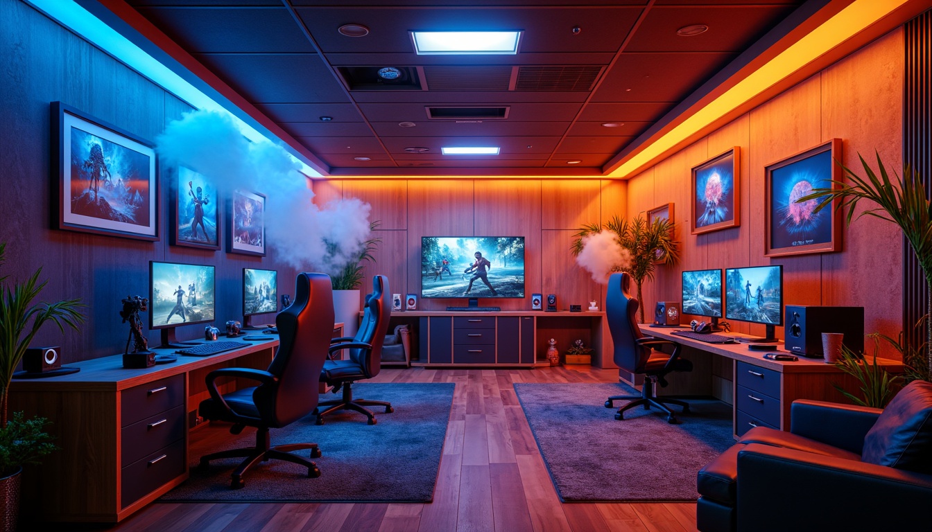 Prompt: Vibrant game room, bold neon lights, dynamic LED strips, futuristic gaming PCs, ergonomic chairs, immersive VR headsets, high-tech sound systems, rich wood accents, metallic trim, sleek modern furniture, dimmable ambient lighting, electric blue hues, fiery orange tones, deep crimson shades, cyberpunk-inspired decor, sci-fi elements, atmospheric fog effects, dramatic color contrasts, cinematic visuals, 3/4 composition, shallow depth of field, soft warm glow.