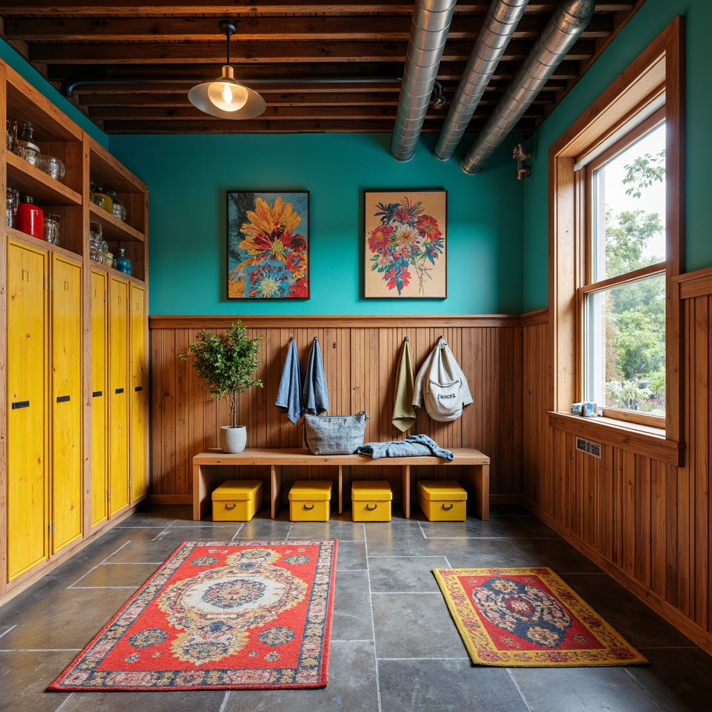 Prompt: Vibrant mudroom, eclectic mix of colors, warm earthy tones, rich brown wood accents, bold turquoise walls, playful yellow storage bins, distressed metal lockers, rugged stone flooring, plush area rugs, industrial-style lighting fixtures, exposed ductwork, reclaimed wooden shelves, whimsical decorative accessories, abstract artwork, lively patterns, bold typography, 1/1 composition, high-contrast lighting, dramatic shadows, realistic textures.