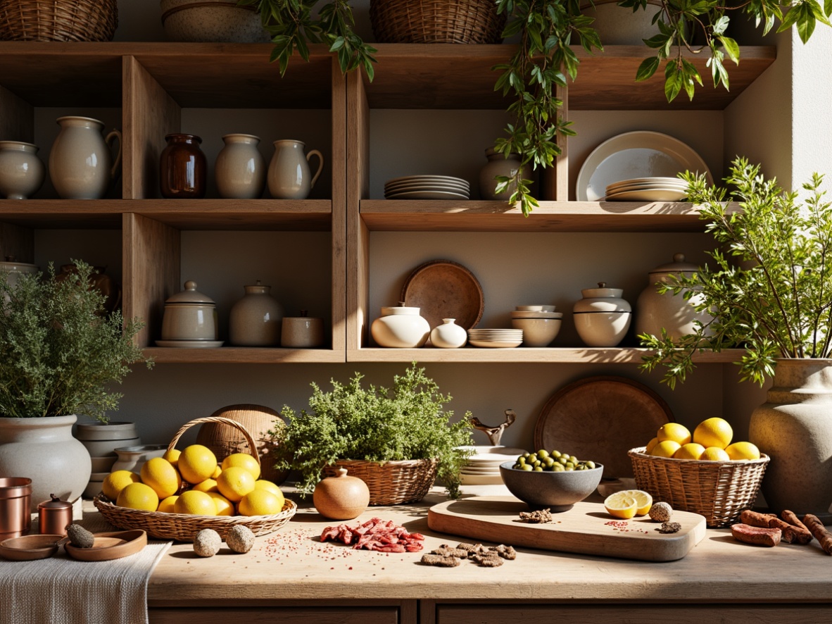 Prompt: Warm earthy tones, rustic wooden shelves, ceramic jars, woven baskets, fragrant herbs, fresh lemons, olives, artisanal cheeses, cured meats, rich spices, copper accents, vintage utensils, distressed finishes, natural textiles, sun-kissed Mediterranean landscape, warm afternoon light, soft shadows, 3/4 composition, still life arrangement, realistic textures.