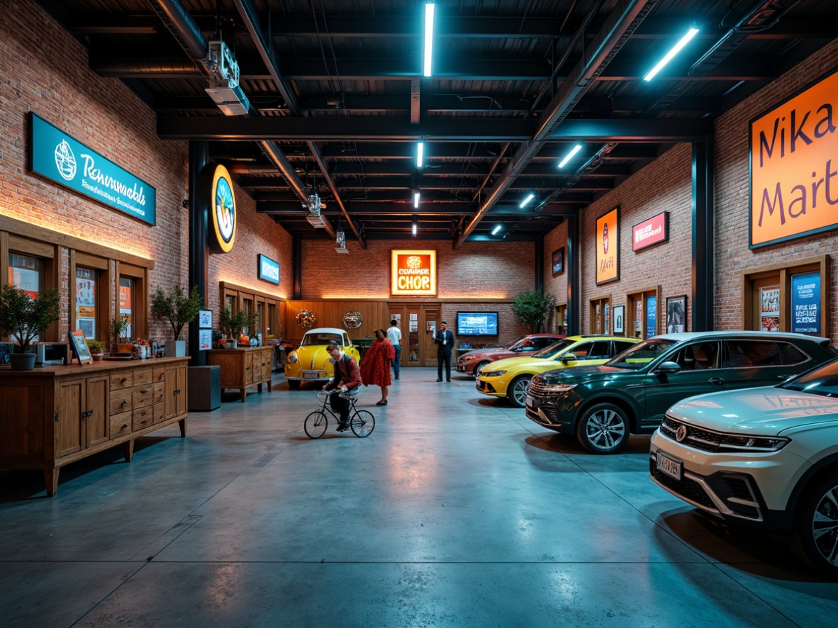 Prompt: Industrial garage interior, exposed brick walls, polished concrete floors, metallic accents, sleek machinery, rustic wooden cabinets, vintage car displays, neon signage, modern LED lighting, bold color scheme, deep blues, fiery oranges, rich yellows, contrasting neutrals, warm ambient glow, softbox lighting, shallow depth of field, 2/3 composition, realistic textures, ambient occlusion.