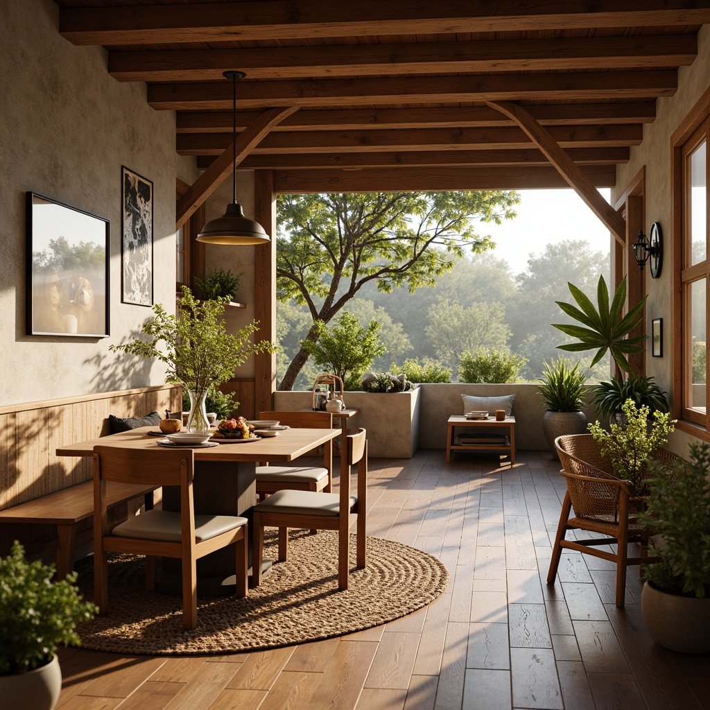 Prompt: Rustic breakfast nook, reclaimed wood flooring, distressed finishes, warm earthy tones, natural stone accents, woven jute rugs, vintage decor, wooden beams, pendant lighting, soft morning sunlight, shallow depth of field, 1/1 composition, cozy atmosphere, textured walls, country-style furniture, nature-inspired color palette.