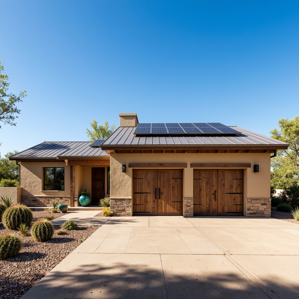 Prompt: Southwestern family garage, earthy tones, rustic metal roofing, corrugated galvanized steel, weathered wooden accents, desert-inspired landscape, cacti plants, hot sunny day, clear blue sky, vast open space, modern ranch-style architecture, stone-clad exterior walls, stucco finishes, warm beige color scheme, energy-efficient solar panels, shaded outdoor spaces, misting systems, Spanish-inspired tile work, vibrant turquoise accents, rustic wooden doors, iron hardware, natural stone walkways, dry desert vegetation.