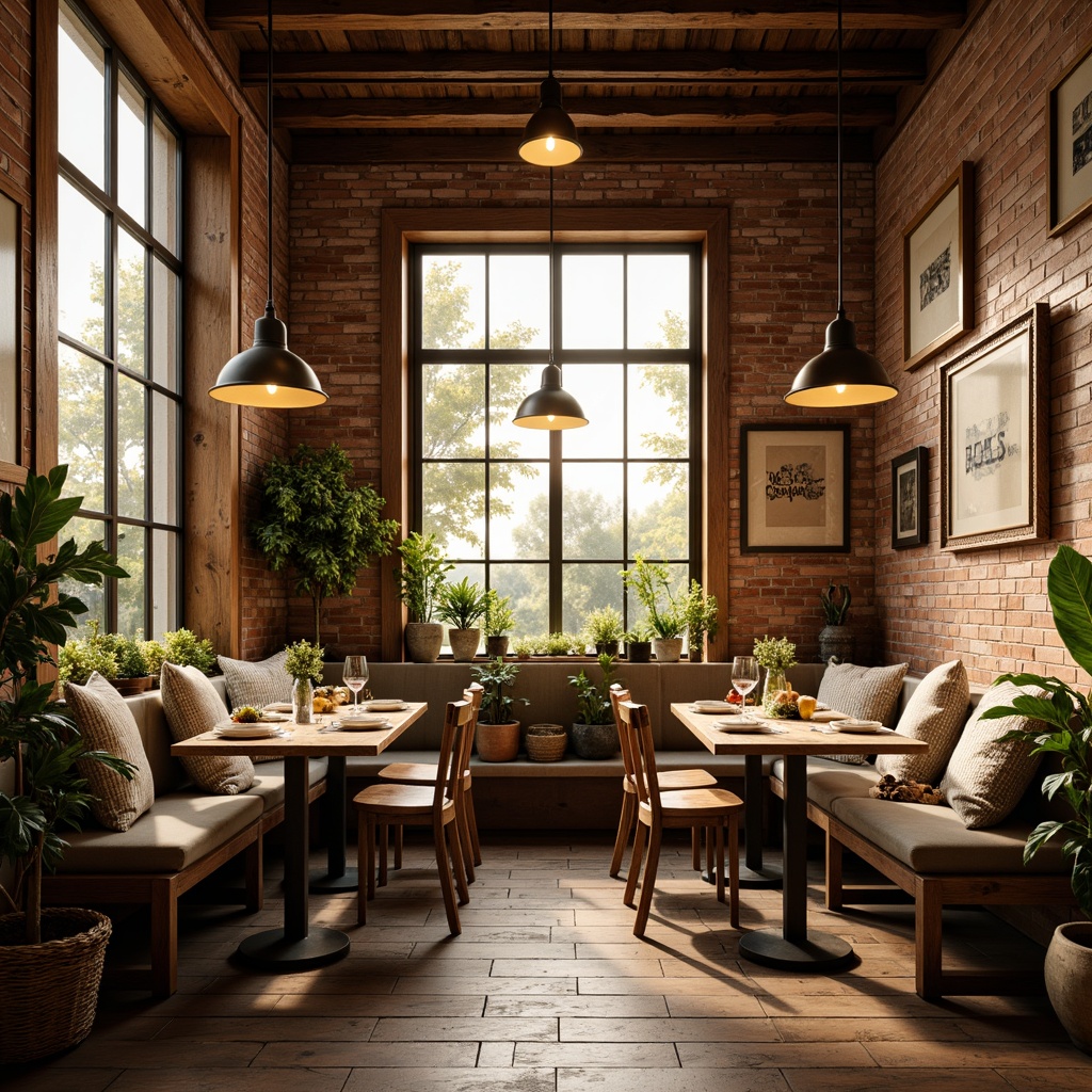 Prompt: Cozy breakfast nook, warm inviting atmosphere, soft golden lighting, pendant lamps, industrial metal shades, reclaimed wood accents, rustic brick walls, farmhouse-style decor, vintage metal signs, distressed wooden tables, comfortable cushioned benches, lush greenery, natural textiles, woven baskets, earthy tone color palette, morning sunlight, gentle warm glow, 1/1 composition, shallow depth of field, realistic textures.