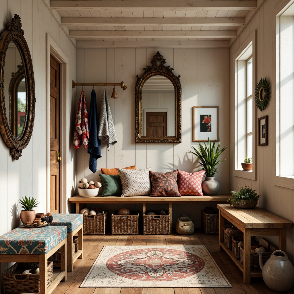 Prompt: Whimsical mudroom, eclectic furniture pieces, distressed wood accents, vibrant colorful textiles, playful geometric patterns, oversized ornate mirrors, industrial metal frames, reclaimed wooden benches, woven wicker baskets, natural fiber rugs, earthy tone color palette, warm cozy lighting, shallow depth of field, 1/1 composition, realistic textures, ambient occlusion.