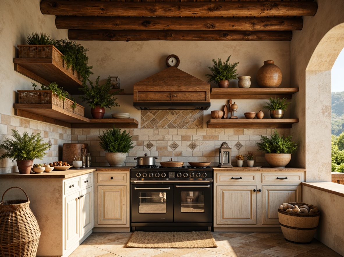 Prompt: Rustic wooden shelves, distressed finishes, warm beige tones, earthy terracotta pots, aromatic herb planters, woven wicker baskets, vintage metal lanterns, soft golden lighting, natural stone countertops, rough-hewn wooden beams, ornate ceramic tiles, warm Mediterranean colors, shallow depth of field, 1/2 composition, realistic textures, ambient occlusion.