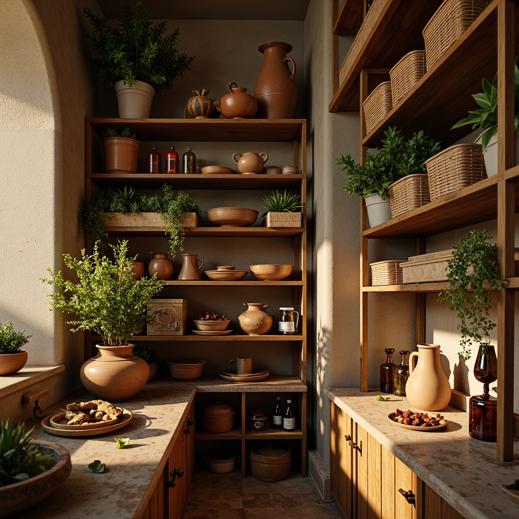 Prompt: Cozy Mediterranean pantry, rustic wooden shelves, clay pots, woven baskets, aromatic herbs, fragrant spices, olive oil dispensers, vintage ceramic jugs, copper accents, warm golden lighting, soft shadows, shallow depth of field, 1/1 composition, intimate atmosphere, realistic textures, ambient occlusion.