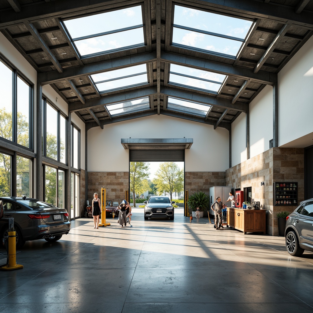 Prompt: Well-lit garage interior, large windows, sliding glass doors, transparent roof panels, polished concrete floors, metallic car lifts, sleek workbenches, organized tool storage, modern industrial decor, exposed ductwork, high ceilings, bright white walls, natural stone accents, warm afternoon sunlight, soft diffused lighting, shallow depth of field, 1/1 composition, realistic reflections, ambient occlusion.