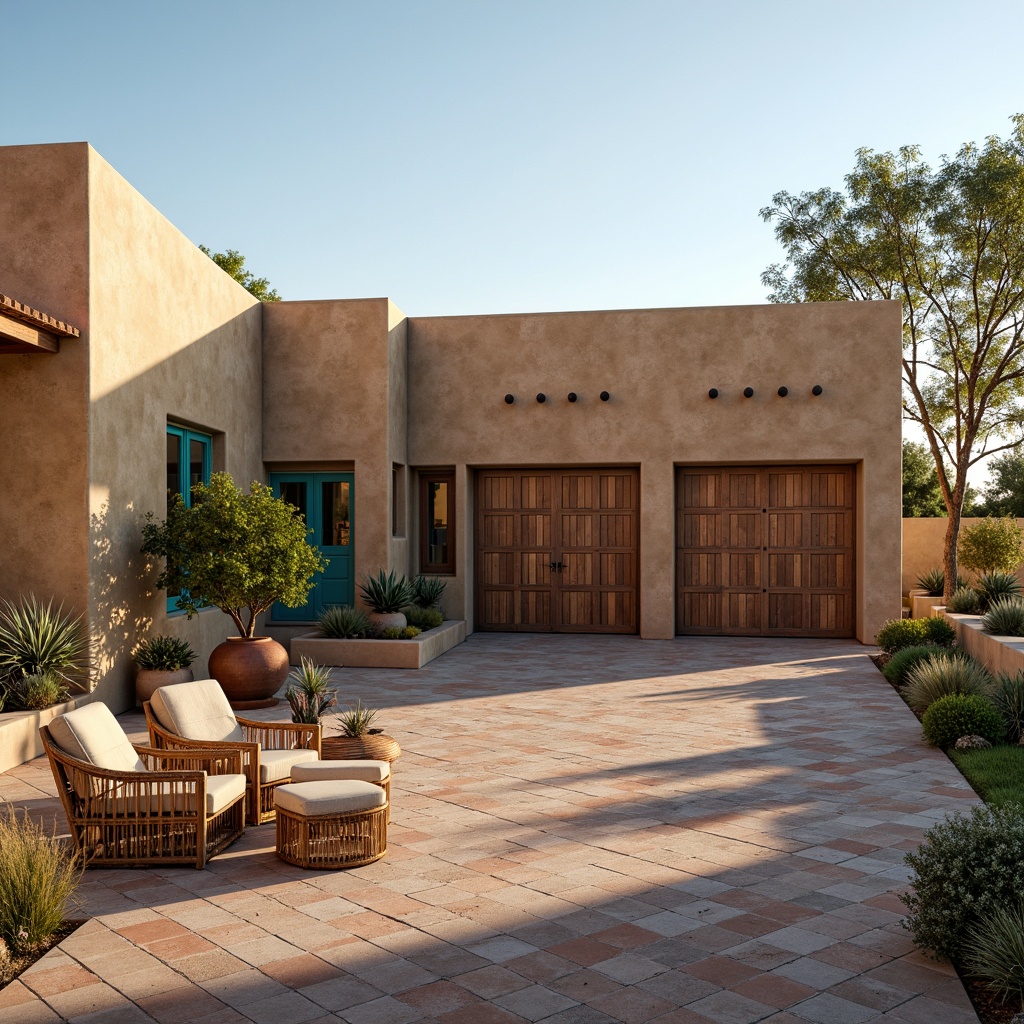 Prompt: Southwestern family garage, rustic desert landscape, warm beige stucco exterior, terracotta roof tiles, earthy brown accents, wooden garage doors, metal frame windows, natural stone walls, xeriscaping, drought-resistant plants, vibrant turquoise trim, Spanish-inspired architecture, clay-toned pottery, woven wicker furniture, warm golden lighting, shallow depth of field, 1/1 composition, realistic textures, ambient occlusion.