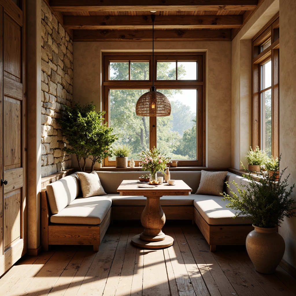 Prompt: Rustic breakfast nook, reclaimed wood accents, distressed wooden floors, warm earthy tones, natural stone walls, exposed beams, vintage decor, cozy atmosphere, soft warm lighting, 3/4 composition, shallow depth of field, warm color palette, country-style furniture, woven textiles, natural fabrics, earthy scents, morning sunlight, relaxed ambiance.