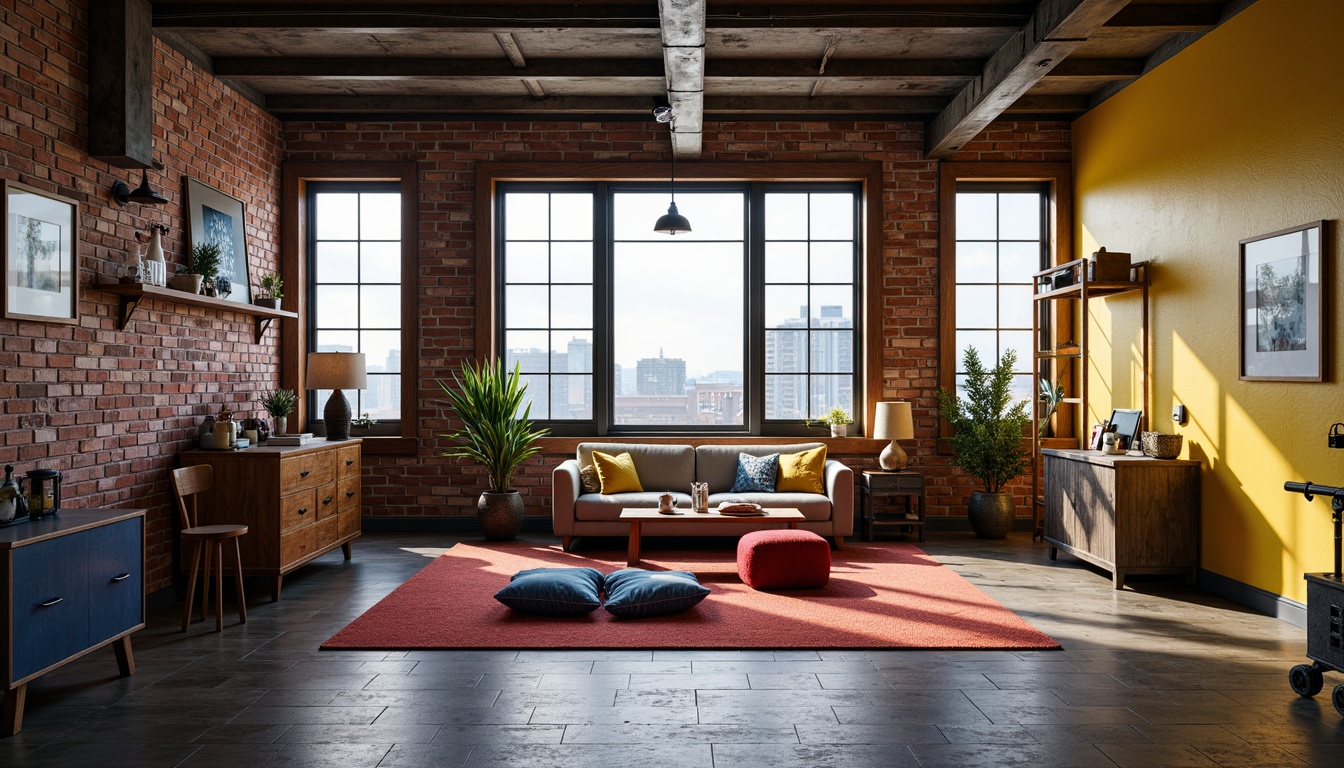 Prompt: Industrial kids' room, distressed brick walls, metallic accents, reclaimed wood furniture, vintage machinery parts, bold color palette, bright yellow, deep blue, fiery red, weathered steel beams, exposed ductwork, urban cityscape views, cloudy day, softbox lighting, shallow depth of field, 1/1 composition, realistic textures, ambient occlusion.