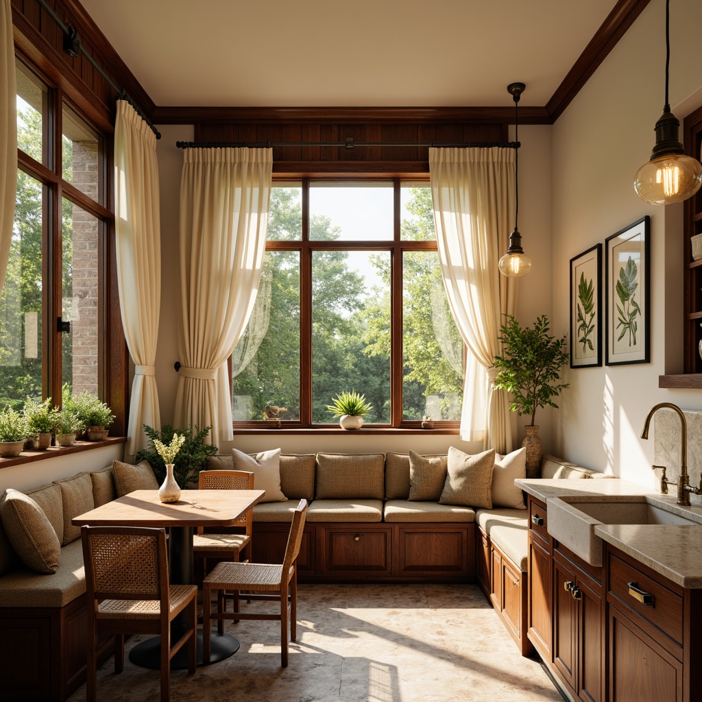 Prompt: Cozy breakfast nook, warm wooden cabinetry, soft cream-colored walls, plush cushions, rustic wooden tables, woven wicker chairs, pendant lighting fixtures, industrial metal shades, Edison bulb filaments, warm golden glow, natural daylight pouring in, lush greenery outside, botanical prints, vintage-inspired decor, distressed wood accents, creamy marble countertops, farmhouse-style sinks, 1/2 composition, soft focus, morning ambiance.