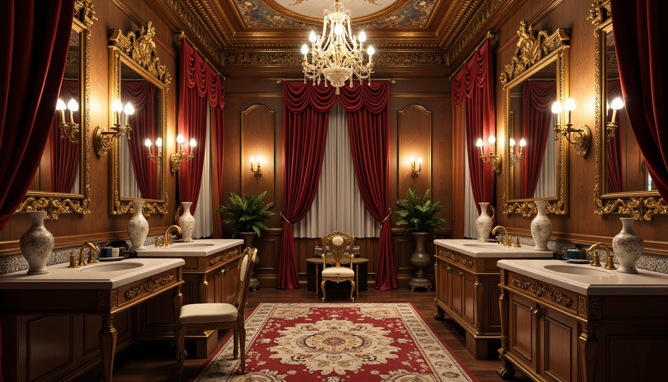 Prompt: Luxurious powder room, ornate gilded mirrors, intricately carved wooden panels, velvet drapes, richly patterned rugs, delicate porcelain vases, ornamental candelabras, lavish chandeliers, soft warm lighting, shallow depth of field, 1/1 composition, realistic textures, ambient occlusion, aristocratic atmosphere, European Baroque style, 18th-century elegance, Rococo-inspired furnishings, delicate lace details, exquisite marble countertops, antique furniture pieces, subtle fragrance, intimate setting.