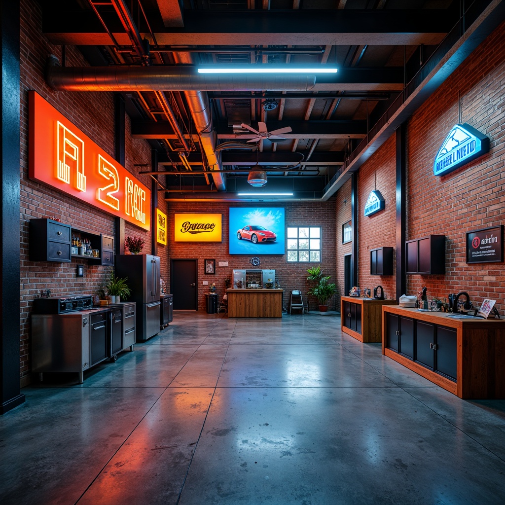 Prompt: Industrial garage interior, exposed brick walls, polished concrete floors, metallic accents, neon signs, bold color scheme, deep blues, vibrant oranges, warm yellows, rich reds, contrasting textures, modern industrial lighting, high ceilings, open spaces, functional storage systems, sleek metal cabinets, distressed wood tones, urban loft atmosphere, dramatic shadows, cinematic lighting, 1/2 composition, realistic reflections.