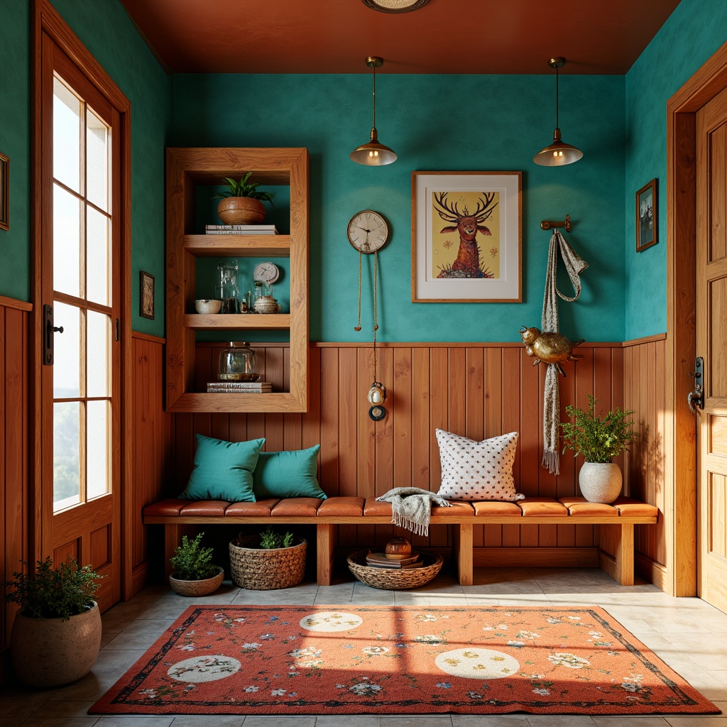 Prompt: Vibrant mudroom, eclectic color scheme, bold turquoise accents, earthy terracotta tones, rich brown leather, distressed wooden textures, industrial metal fixtures, playful polka dot patterns, whimsical floral motifs, abstract geometric shapes, warm golden lighting, shallow depth of field, 1/2 composition, cinematic atmosphere, realistic materials, ambient occlusion.