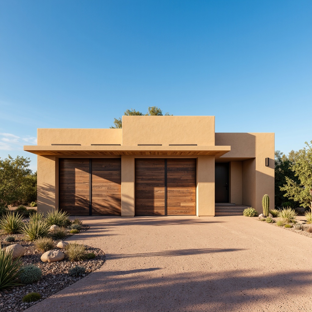 Prompt: Southwestern style garage, earthy tones, stucco exterior, warm beige walls, rustic wooden doors, metal accents, desert landscape, cacti plants, clear blue sky, vast open space, modern ranch-inspired design, horizontal lines, natural stone veneer, weathered wood cladding, corrugated metal sheets, bold color contrasts, textured finishes, dramatic shadowing, 3/4 composition, realistic textures, ambient occlusion.