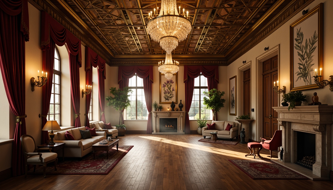 Prompt: Grand crystal chandeliers, ornate gold leaf detailing, luxurious velvet drapes, richly polished wooden floors, intricately carved furnishings, majestic stone fireplaces, opulent bronze sconces, lavish candelabras, dramatic uplighting, warm golden glow, soft focus lighting, 1/2 composition, shallow depth of field, atmospheric fog effect.