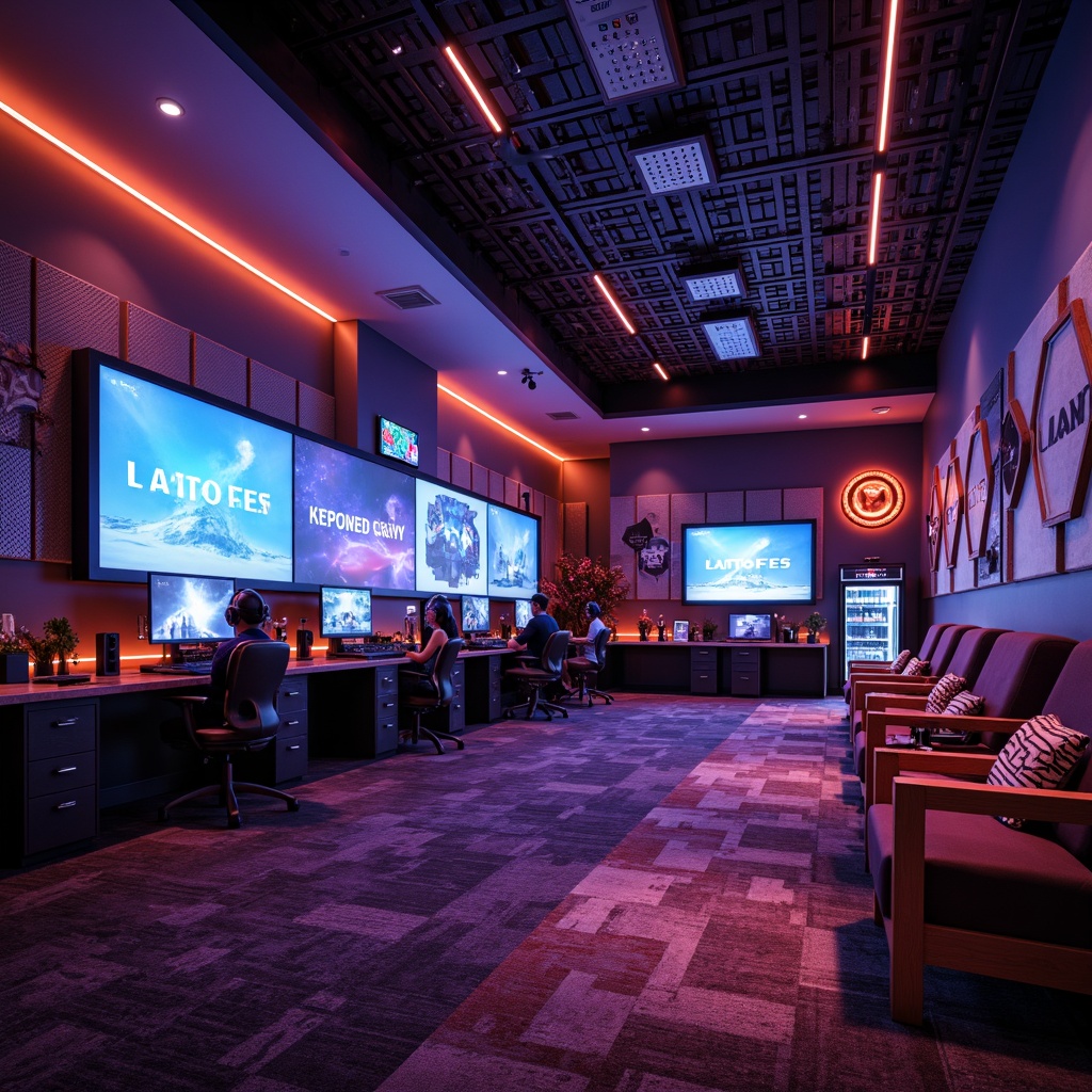 Prompt: Cozy game room, dimmed lighting, comfortable seating areas, gaming stations, high-performance computers, virtual reality headsets, oversized screens, surround sound systems, vibrant neon accents, futuristic decorations, metallic surfaces, geometric patterns, soft carpeting, ergonomic furniture, snack bars, mini refrigerators, warm color schemes, shallow depth of field, 1/1 composition, panoramic view, realistic textures, ambient occlusion.