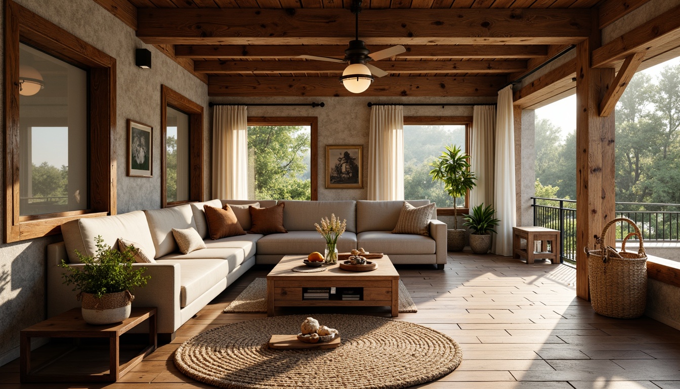 Prompt: Cozy breakfast nook, rustic wooden accents, warm earthy tones, reclaimed wood flooring, distressed textures, natural stone walls, vintage farmhouse decor, woven jute rugs, plush area rugs, comfortable seating, soft morning lighting, 1/1 composition, shallow depth of field, warm color palette.