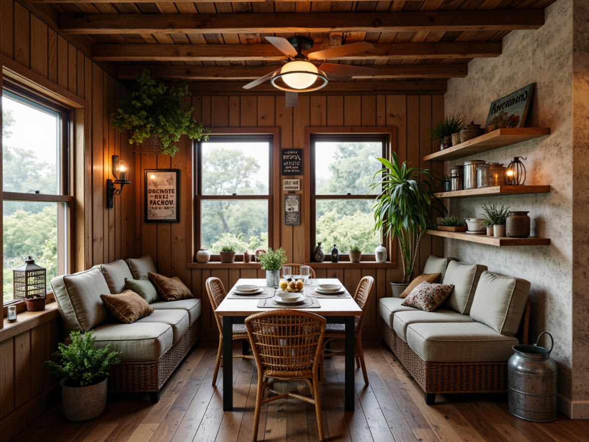 Prompt: Cozy breakfast nook, reclaimed wood accents, vintage metal signs, distressed wooden beams, earthy color palette, natural stone walls, plush throw blankets, woven wicker furniture, lantern-style lighting, farmhouse-style decor, galvanized metal accessories, rustic wooden crates, potted greenery, warm candlelight, shallow depth of field, 1/1 composition, intimate atmosphere.