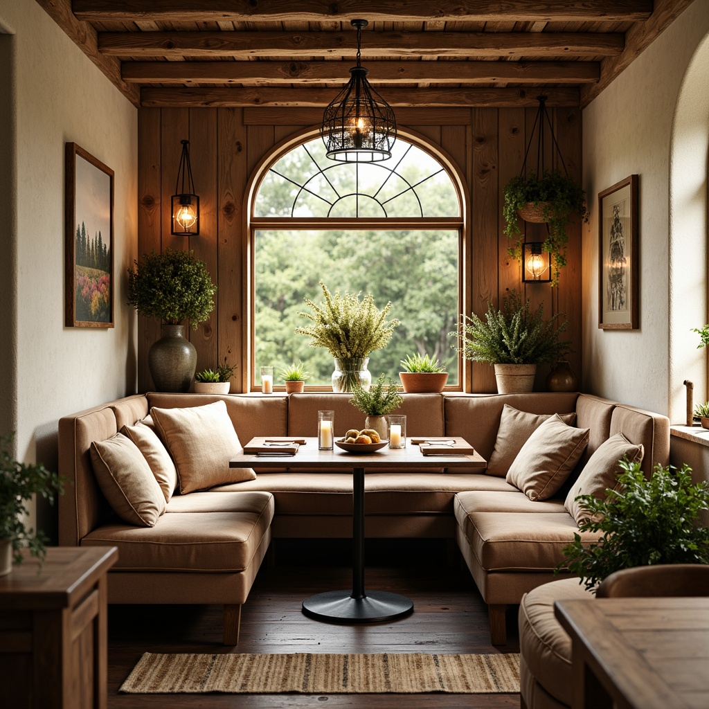 Prompt: Cozy rustic breakfast nook, natural wood tones, vintage metal chairs, plush velvet cushions, distressed wooden tables, woven wicker baskets, earthy terracotta vases, soft candlelight, warm beige walls, reclaimed barnwood accents, comfortable oversized pillows, rustic metal lanterns, farmhouse-style decorations, lush greenery, sunny morning light, shallow depth of field, 1/2 composition, realistic textures, ambient occlusion.