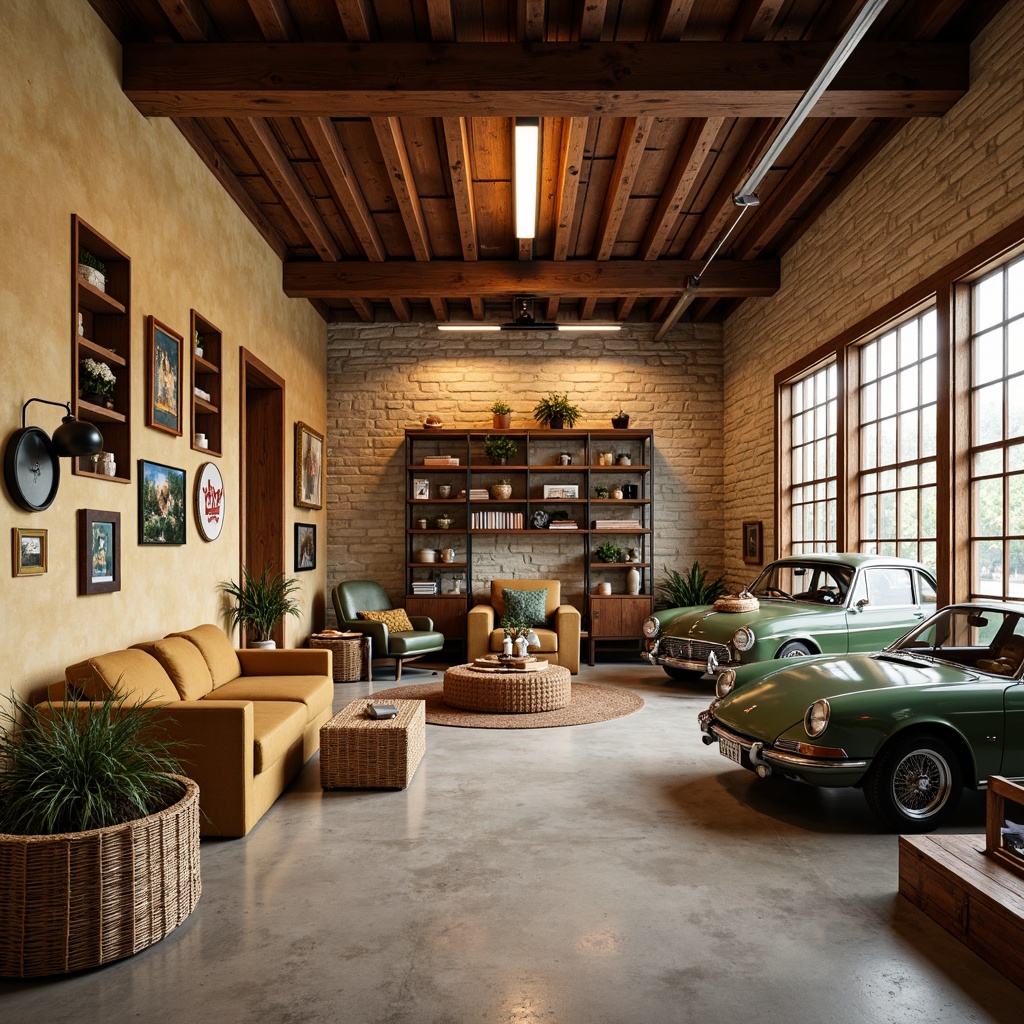 Prompt: Cozy family garage, rustic wooden accents, warm beige tones, vintage car displays, nostalgic memorabilia, industrial metal beams, polished concrete floors, modern pendant lighting, comfortable lounge seating, vibrant color schemes, eclectic decorative items, natural stone walls, earthy textures, soft warm lighting, shallow depth of field, 1/1 composition, realistic rendering.