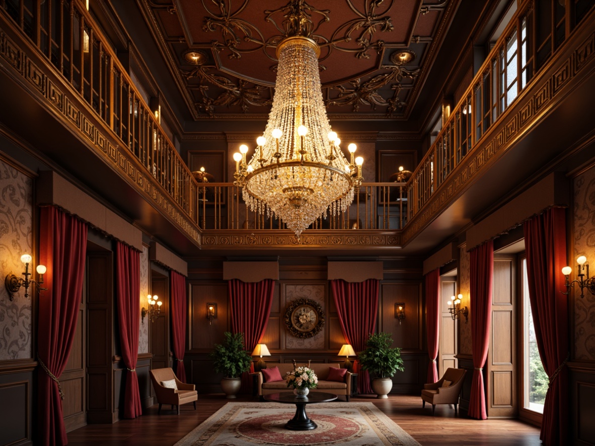 Prompt: Ornate chandeliers, crystal droplets, golden accents, velvet drapes, rich wood paneling, intricate carvings, luxurious furnishings, majestic archways, grandiose ceilings, warm soft lighting, subtle shadows, 1/1 composition, dramatic spotlights, realistic reflections, ambient occlusion.