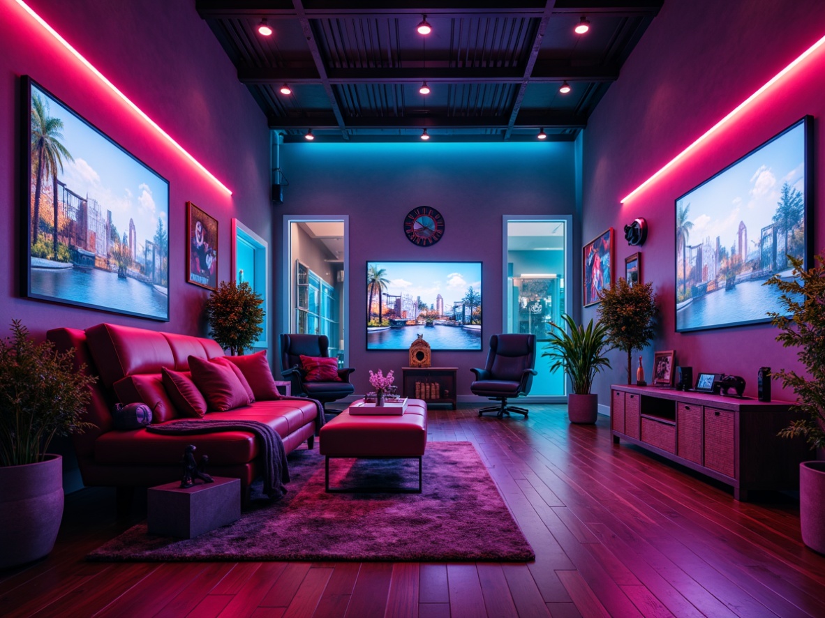 Prompt: Vibrant game room, cozy atmosphere, neon lights, comfortable seating areas, wooden flooring, modern entertainment systems, large screens, gaming consoles, controllers, virtual reality headsets, futuristic decorations, metallic accents, ambient lighting, shallow depth of field, 1/2 composition, cinematic views, realistic textures, detailed normal maps.