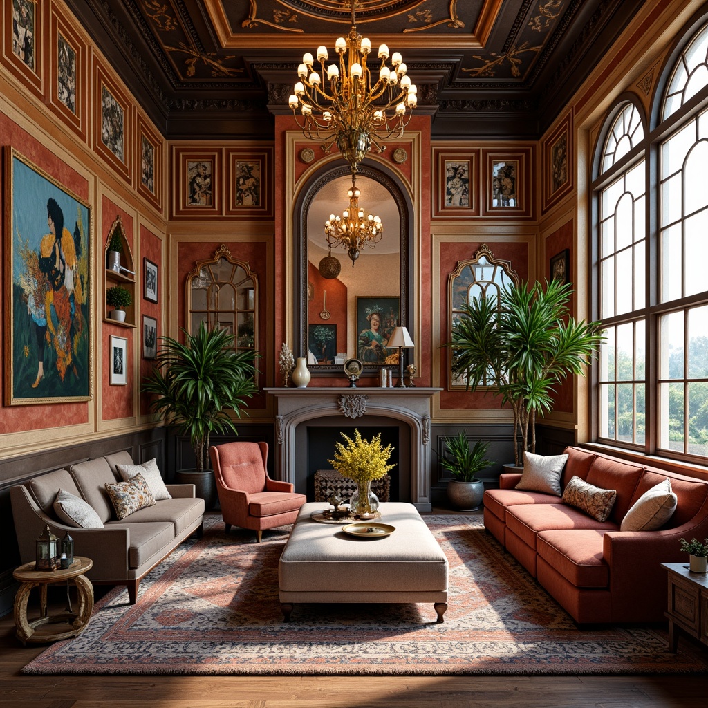 Prompt: Richly ornamented walls, bold geometric patterns, vibrant color schemes, eclectic furniture arrangements, playful mix of materials, distressed finishes, ornate mirrors, lavish chandeliers, whimsical decorative accents, statement pieces, curvaceous lines, irregular shapes, opulent fabrics, luxurious textiles, abstract artwork, dynamic lighting, warm cozy atmosphere, inviting ambiance, 1/2 composition, cinematic view, dramatic shadows, realistic reflections.