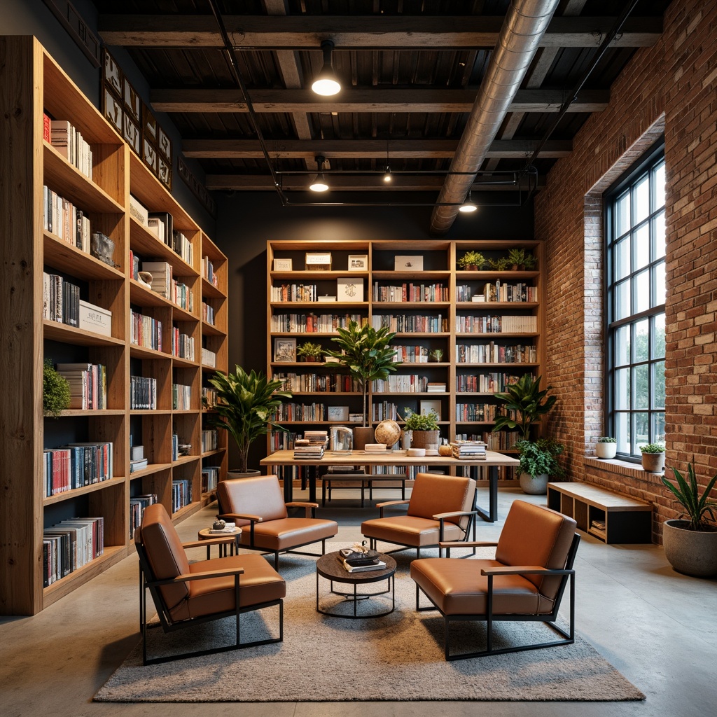 Prompt: Exposed brick walls, metal beams, reclaimed wood shelves, industrial-style lighting fixtures, vintage bookcases, worn leather armchairs, wooden crates, metal stools, distressed finishes, earthy color palette, urban loft atmosphere, natural textiles, modern minimalist decor, steel tables, ergonomic reading nooks, floor-to-ceiling bookshelves, cozy corner spaces, warm task lighting, 3/4 composition, shallow depth of field, realistic textures.