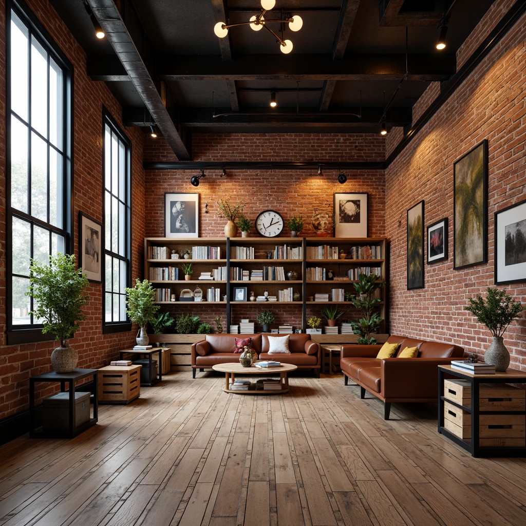 Prompt: Industrial-chic bookstore, exposed brick walls, metal beams, reclaimed wood flooring, vintage factory windows, modern shelving units, wooden crates, metal ladders, Edison bulb lighting, urban loft atmosphere, cozy reading nooks, comfortable sofas, distressed leather armchairs, rich wood tones, warm earthy colors, natural textures, rustic metal accents, minimalist decor, functional industrial design, 1/1 composition, softbox lighting, realistic render.