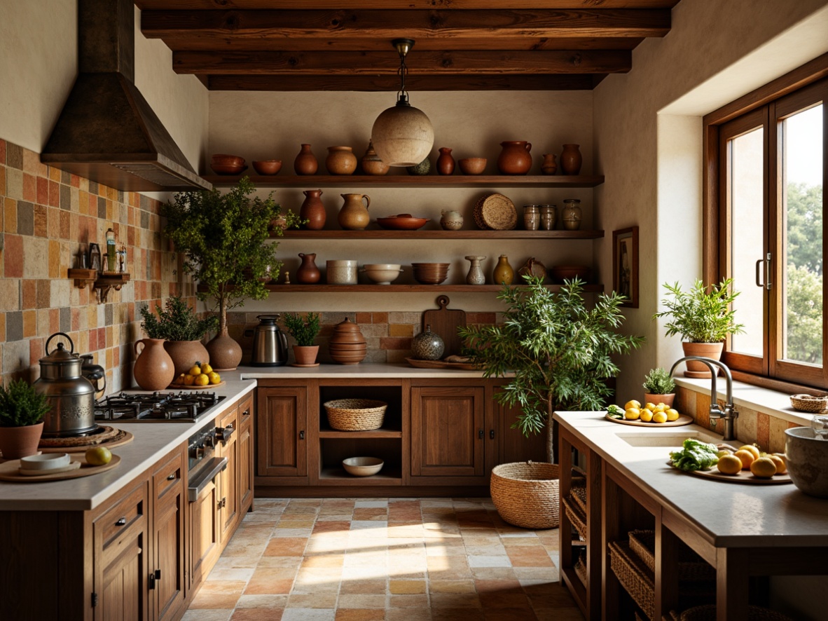 Prompt: Warm Mediterranean pantry, rustic wooden shelves, terracotta pots, woven wicker baskets, colorful ceramic tiles, earthy stone countertops, distressed metal lanterns, vintage kitchen utensils, aromatic herbs, sun-kissed lemons, fresh olives, soft warm lighting, shallow depth of field, 1/1 composition, realistic textures, ambient occlusion.