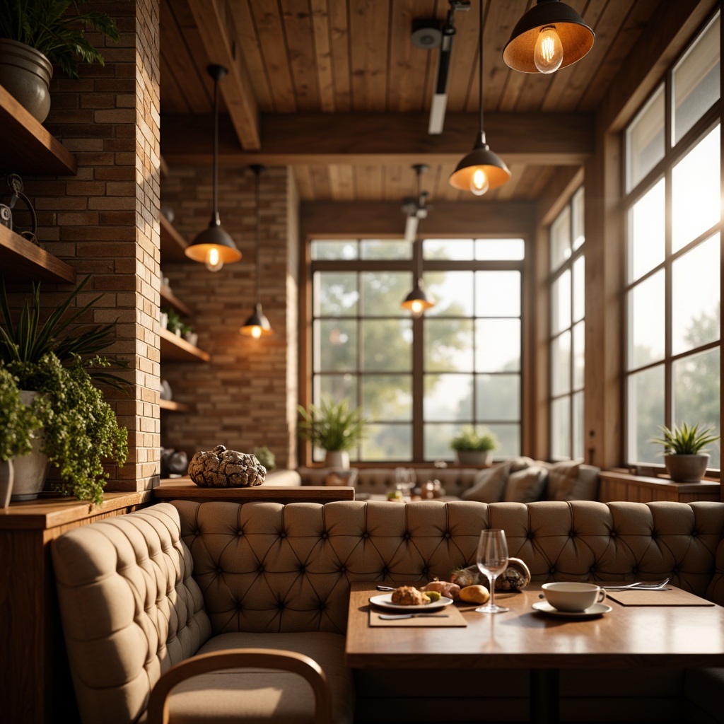 Prompt: Cozy breakfast nook, warm wooden accents, soft morning light, pendant lamps, rustic metal shades, Edison bulb fixtures, reclaimed wood ceilings, natural stone walls, plush velvet upholstery, vintage-inspired decor, warm beige tones, gentle glow, soft focus, 1/2 composition, intimate atmosphere, realistic textures, ambient occlusion.