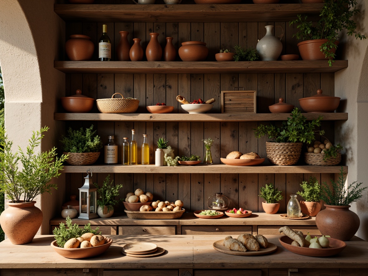 Prompt: Warm Mediterranean pantry, rustic wooden shelves, terra cotta pottery, woven baskets, vintage metal lanterns, aromatic herbs, fragrant spices, golden olive oil, artisanal cheeses, crusty bread, colorful ceramics, distressed finishes, soft warm lighting, shallow depth of field, 1/1 composition, realistic textures, ambient occlusion.