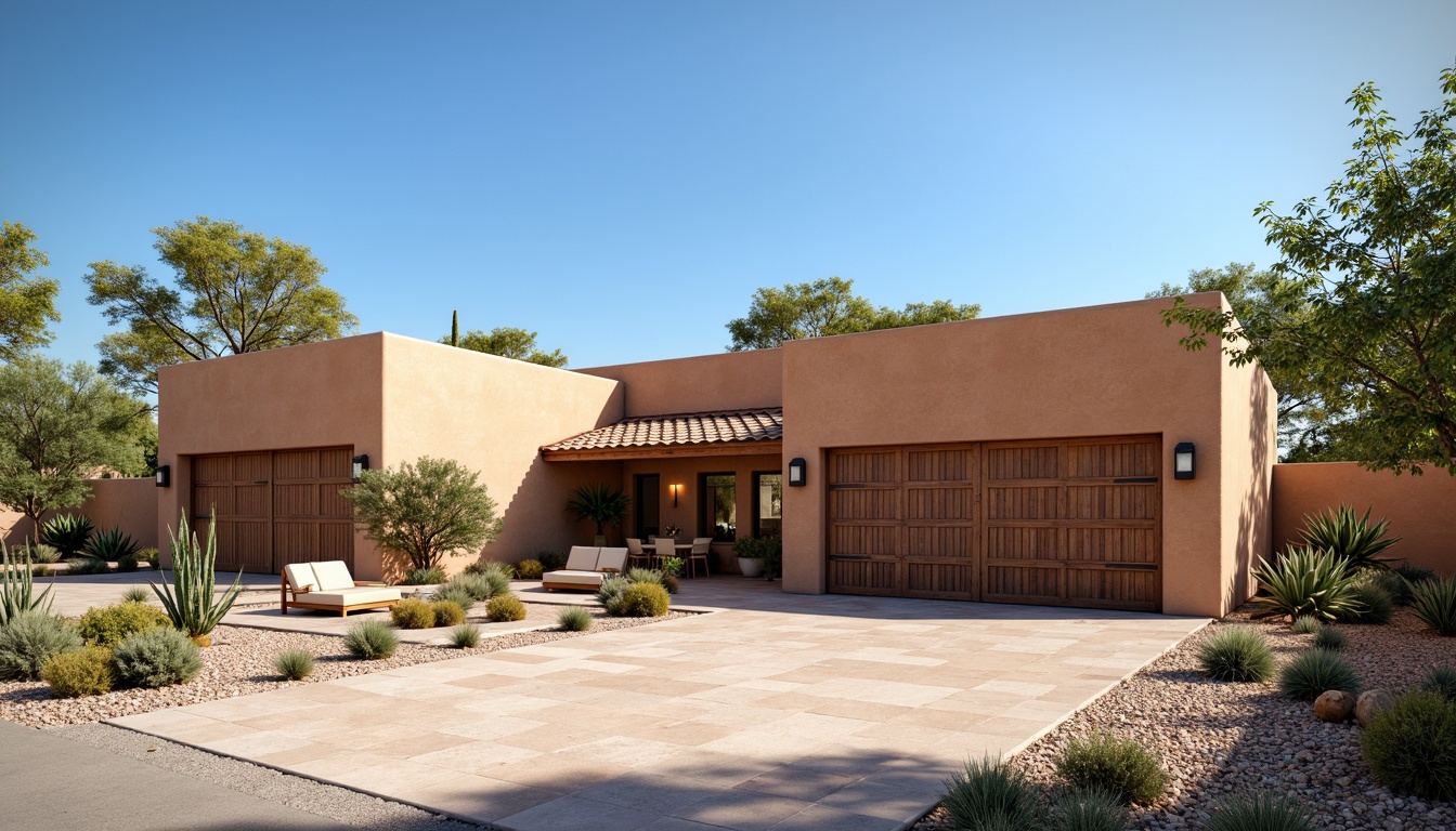 Prompt: Southwestern family garage, earthy tones, stucco exterior, Spanish-inspired architecture, sloping roofs, clay tiles, terracotta color scheme, rustic metal accents, wooden garage doors, desert landscape, cactus plants, clear blue sky, warm sunny day, natural stone walls, outdoor seating areas, shaded spaces, misting systems, Mediterranean-style vegetation, drought-resistant plants, low-maintenance materials, weathered wood textures, earthy scents, 3/4 composition, panoramic view, realistic textures, ambient occlusion.